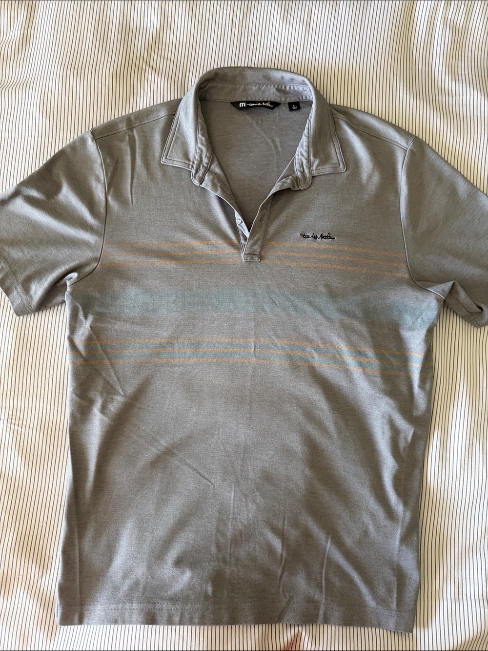 Travis Mathew Gray Polo with Subtle Tan and Blue Stripes
